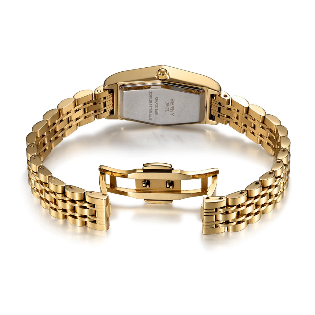 BERNY Gold Watches for Women Elegant Dainty Hexagon Ladies Quartz Wrist Watches Stainless Steel Band Fashion Luxury Bracelet
