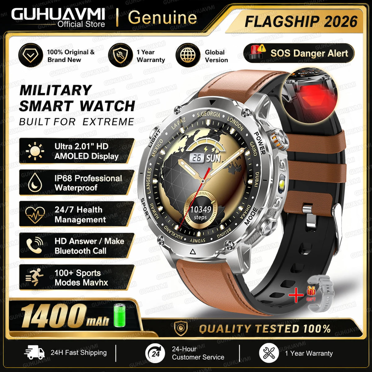 New 1400mAh Ultra Big Battery Smart Watch GPS path Waterproof Swim Sport Run tracker Outdoors Flashlight Military Smartwatch Men