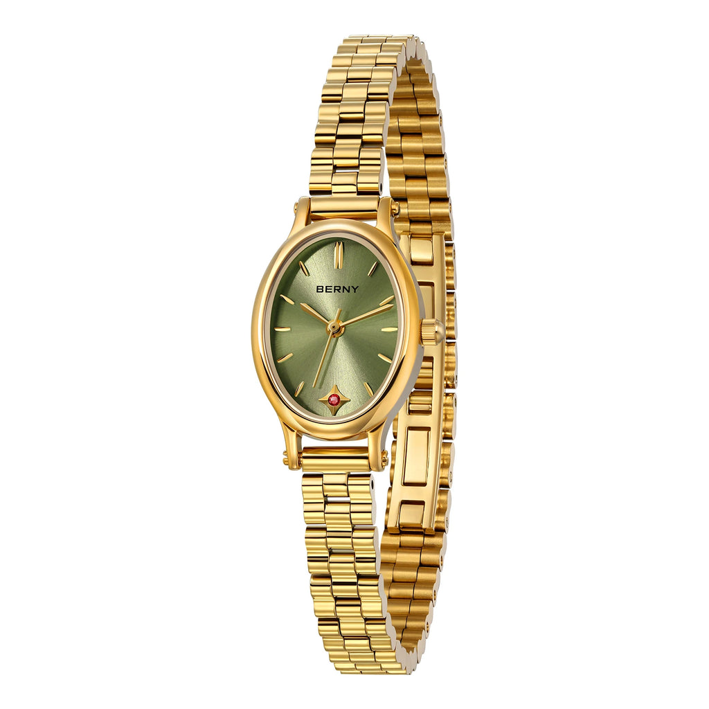BERNY Gold Watch for Women Olive Green Quartz Jewelry Bracelet Casual Jewelry Women's Wristwatch Small Fashion Ladies Watches