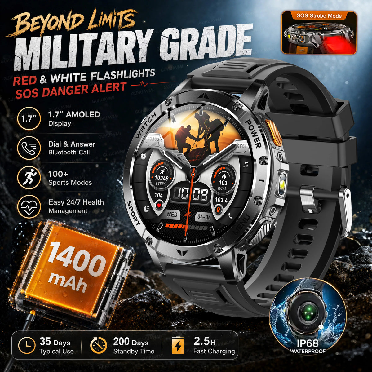 2026 Military Grade Smartwatch Men 1400mAh Ultra Long Battery 24/7 Health Monitor 10ATM Waterproof Outdoor Sport Smart Watches