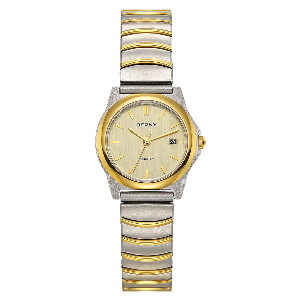 BERNY Gold Quartz Women Watch Fashion Easy Ware Women's Watches 3ATM Waterproof Stainless Steel Gold Expansion Band Ladies Watch