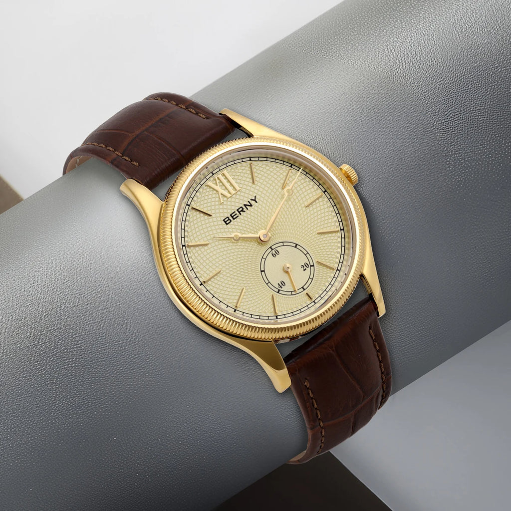 BERNY Luxury Watches for Men Classic Elegance Slim Dress Gold Quartz Men's Watch Leather Strap Fashion Business Wristwatch