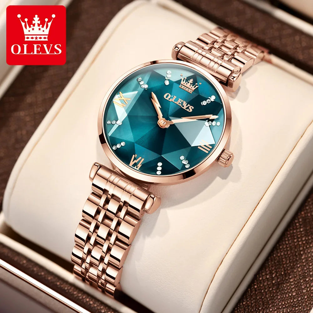 OLEVS Women's Watches Luxury Fashion Fine Steel Rose Gold Strap Rhombus Mirror Original Quartz Wristwatch Waterproof Trend Dress