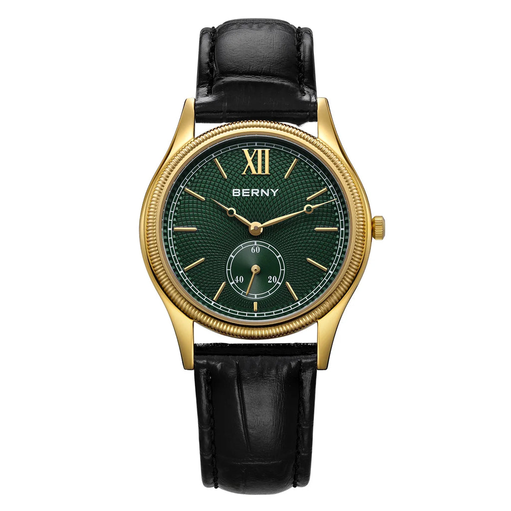BERNY Luxury Watches for Men Classic Elegance Slim Dress Gold Quartz Men's Watch Leather Strap Fashion Business Wristwatch