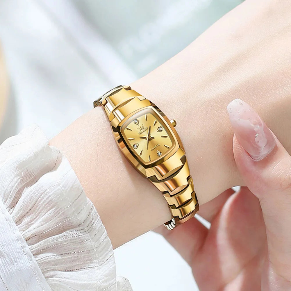 Luxury Mini Tonneau Ladies Watch OLEVS Brand Rose Gold Tungsten Steel Band Rhinestone Crystal Gradient Dial Small Wrist Watch