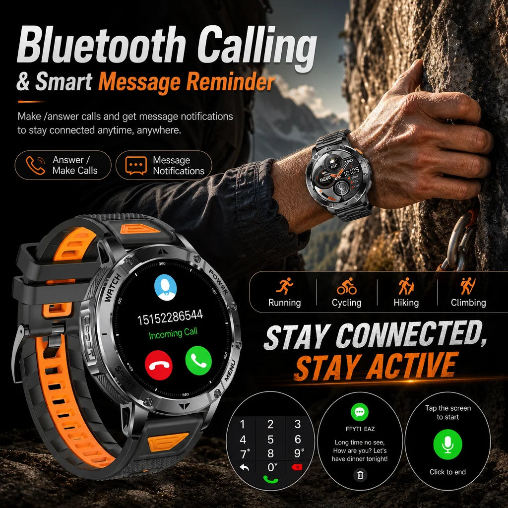 New Outdoor Sports Fitness 1.7 Inch Smart Watch 1400mAh Battery Waterproof SOS Dual-Color Flashlight BT Call Smart watch For Men