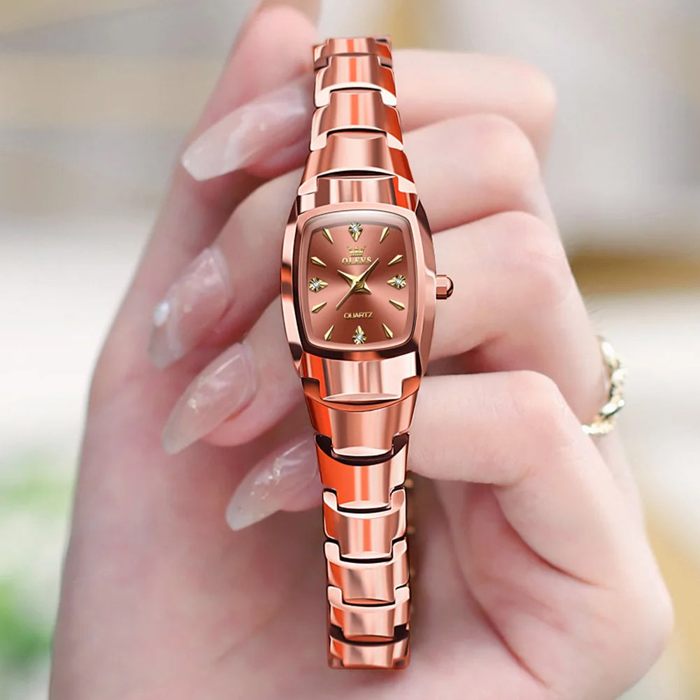 Luxury Mini Tonneau Ladies Watch OLEVS Brand Rose Gold Tungsten Steel Band Rhinestone Crystal Gradient Dial Small Wrist Watch