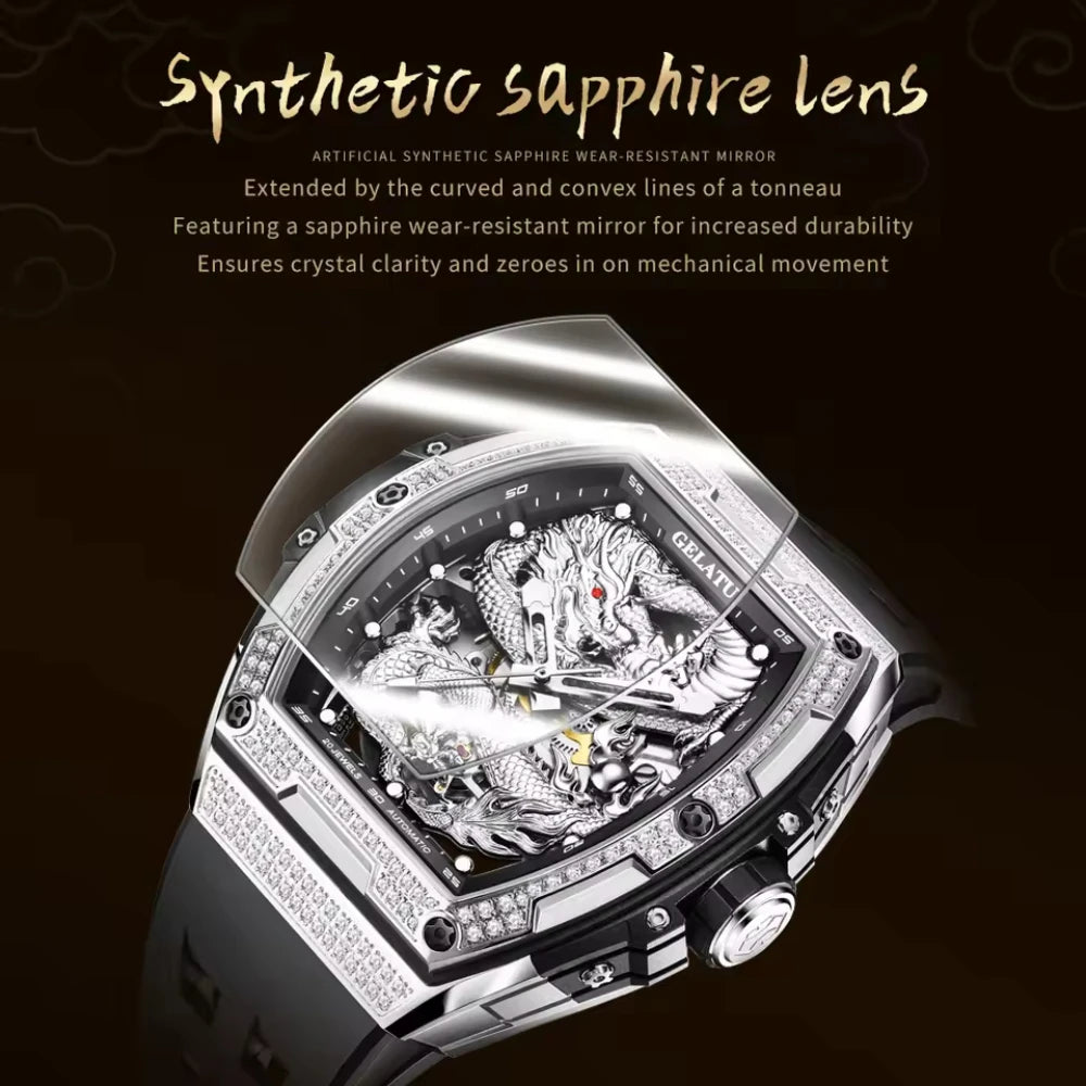 GELATU Brand Hollow Men Watch Silicone Strap Waterproof High end Full Diamond Dragon Dial Brand Automatic Mechanical Watch 6021