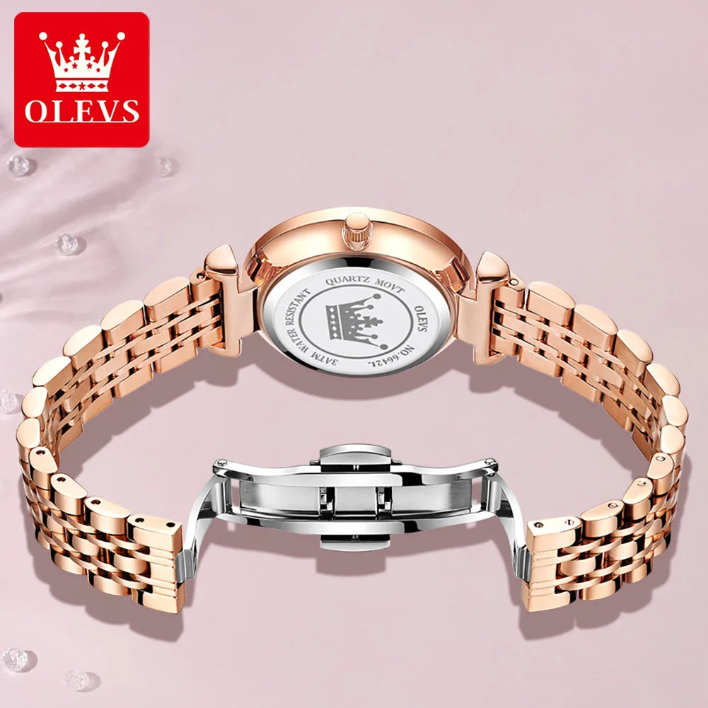 OLEVS Women's Watches Luxury Fashion Fine Steel Rose Gold Strap Rhombus Mirror Original Quartz Wristwatch Waterproof Trend Dress