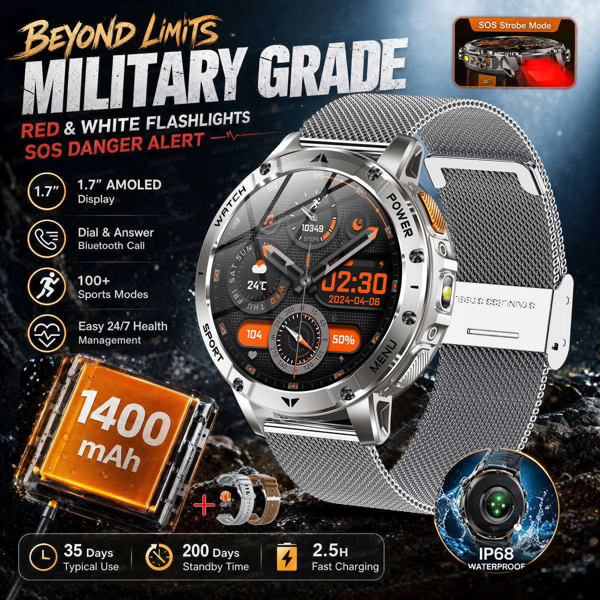 2026 Military Grade Smartwatch Men 1400mAh Ultra Long Battery 24/7 Health Monitor 10ATM Waterproof Outdoor Sport Smart Watches