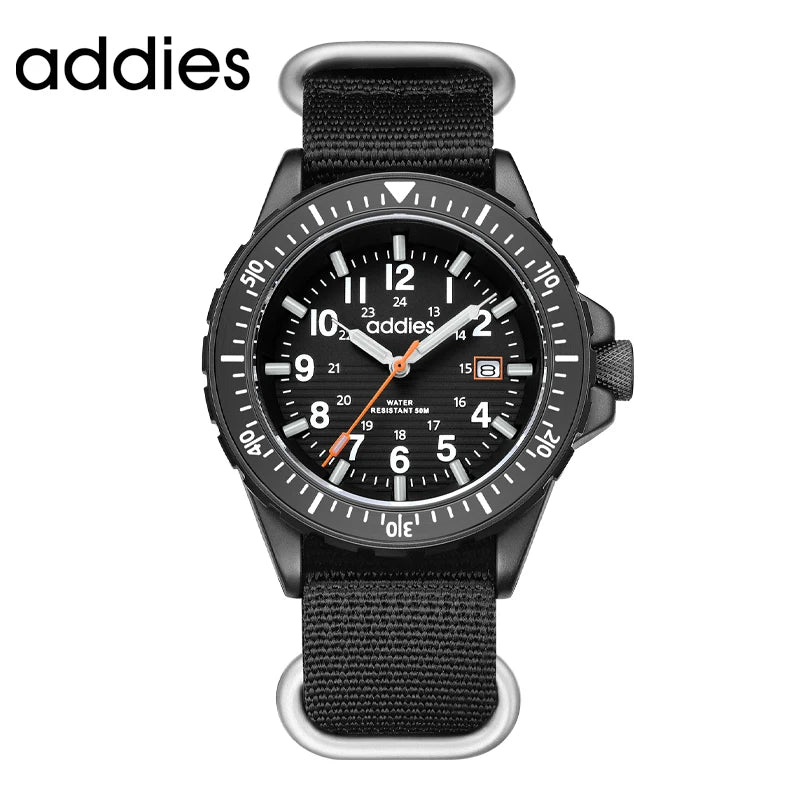 ADDIES 2026 New Men's Sports Quartz Watch Nylon Strap Swimming Waterproof Watch Tubular Luminous Outdoor Fashion Quartz Watch