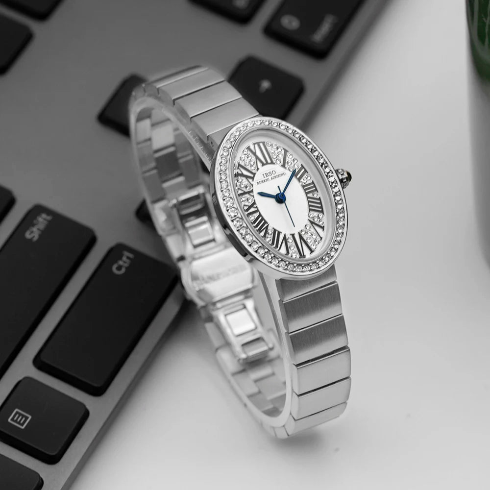 Original Brand Woman Watch Silver Steel Waterproof Oval Handwatch Female Fashion High Quality Ladies Leather Wristwatches Blue