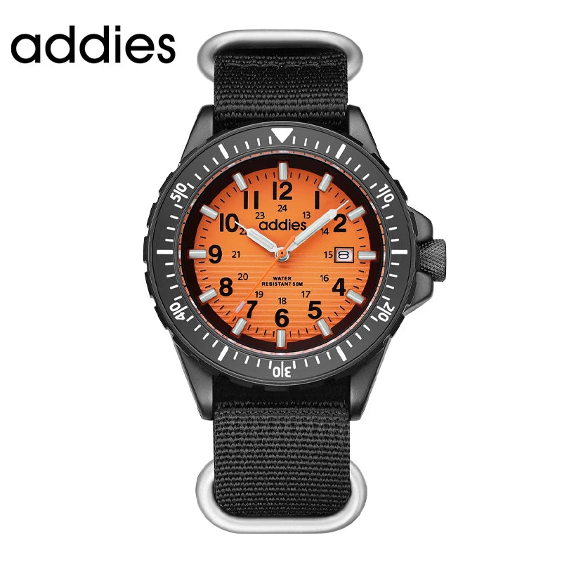 ADDIES 2026 New Men's Sports Quartz Watch Nylon Strap Swimming Waterproof Watch Tubular Luminous Outdoor Fashion Quartz Watch
