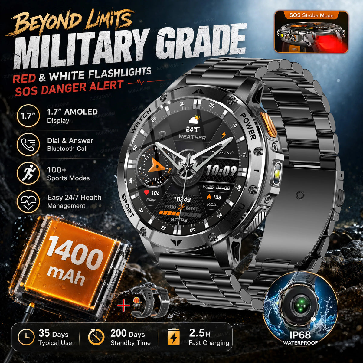 2026 Military Grade Smartwatch Men 1400mAh Ultra Long Battery 24/7 Health Monitor 10ATM Waterproof Outdoor Sport Smart Watches