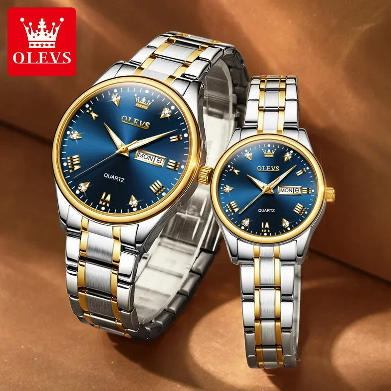 OLEVS  Couple Watch Luxury Gold Diamond Dual Calendar Waterproof Watch Fashion Brand Quartz Appointment Clock Couple Watch 5563