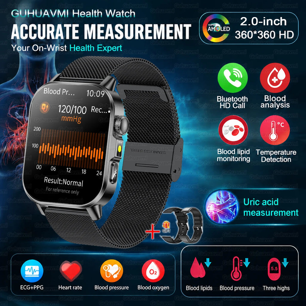 2026 Nursing Grade Smartwatch Men 2.0inch AMOLED ECG Heart Health BP Lipid Uric Acid Monitor Bluetooth Call Outdoor Sports Watch