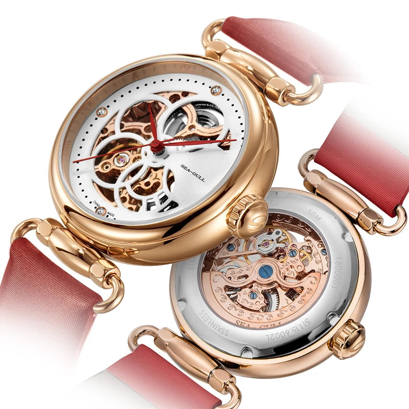 Seagull Fashion Women's Watch Leather Strap Waterproof Skeleton Automatic Mechanical For Ladies Watch Necklace Set 6002L Series