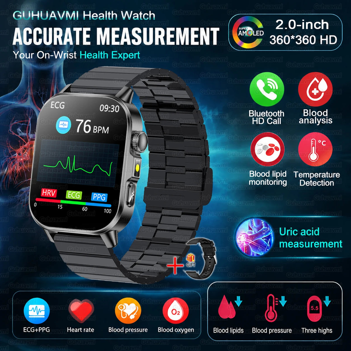 2026 Nursing Grade Smartwatch Men 2.0inch AMOLED ECG Heart Health BP Lipid Uric Acid Monitor Bluetooth Call Outdoor Sports Watch