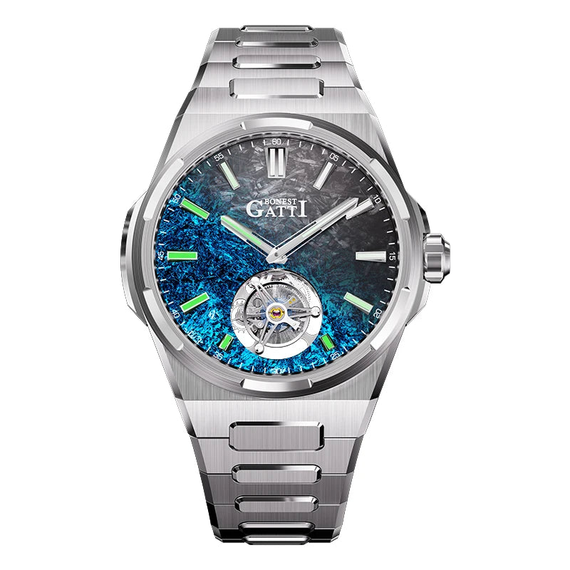 BONEST GATTI Automatic Movement Tourbillon Watch Mens 316L Stainless Steel Skeleton Luminous Dial Mechanical Watches for Men