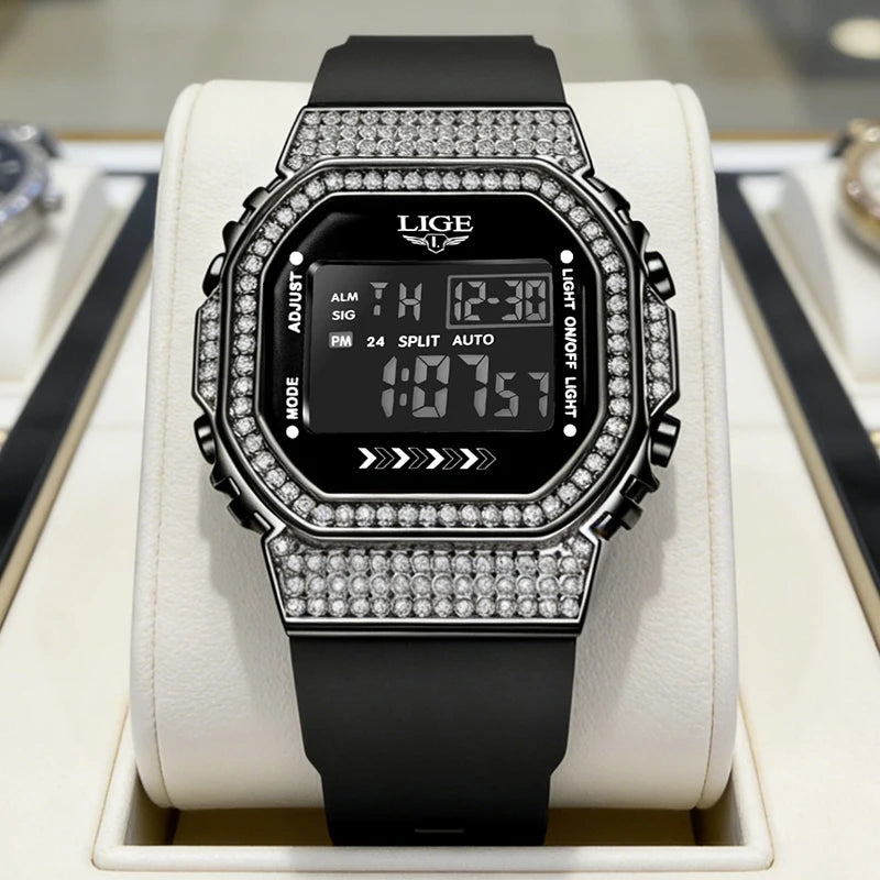 LIGE Fashion Diamond Mens Watch Casual Sports Digital Watches Men Waterproof Chronograph Date LED Wristwatch Luxury Gifts Reloj
