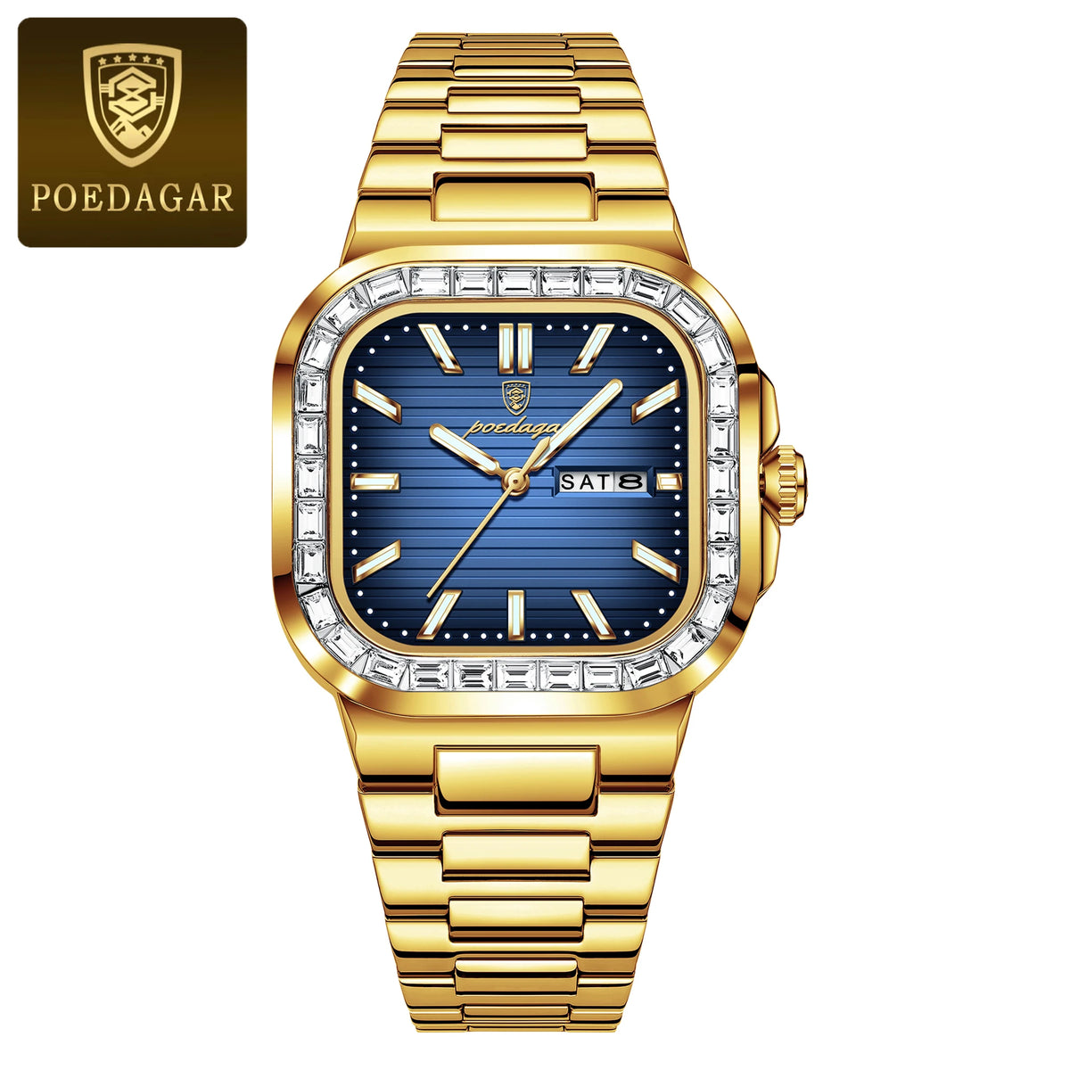 POEDAGAR Square Fashion Men's Watch Date Week Waterproof Luminous Quartz Man Watch Stainless Steel Luxury Sports Watches For Men