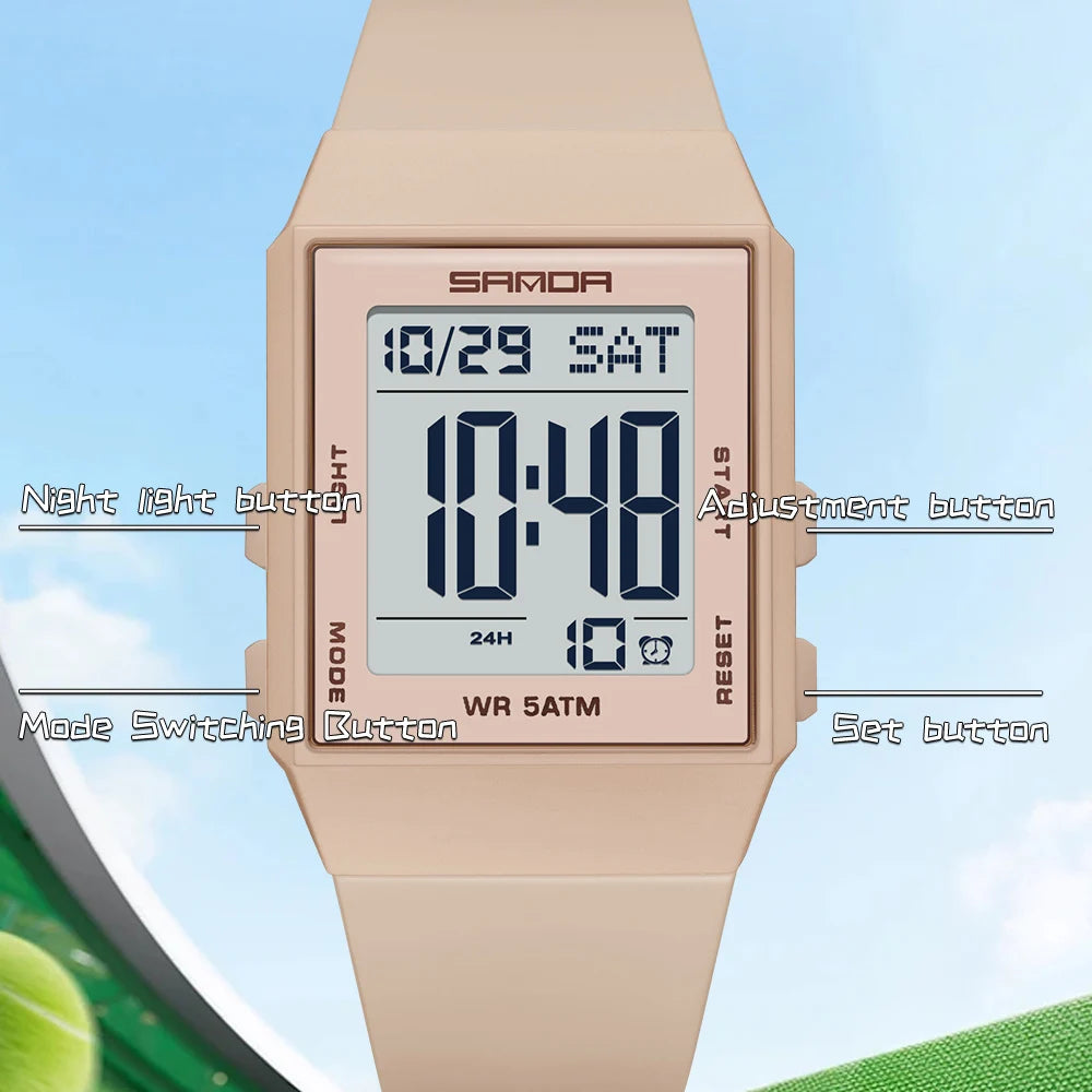 SANDA Women's Casual Digital Watches LED Lighting Stopwatch Alarm Clock Time Display 3ATM Waterproof Lady Elegant Watches