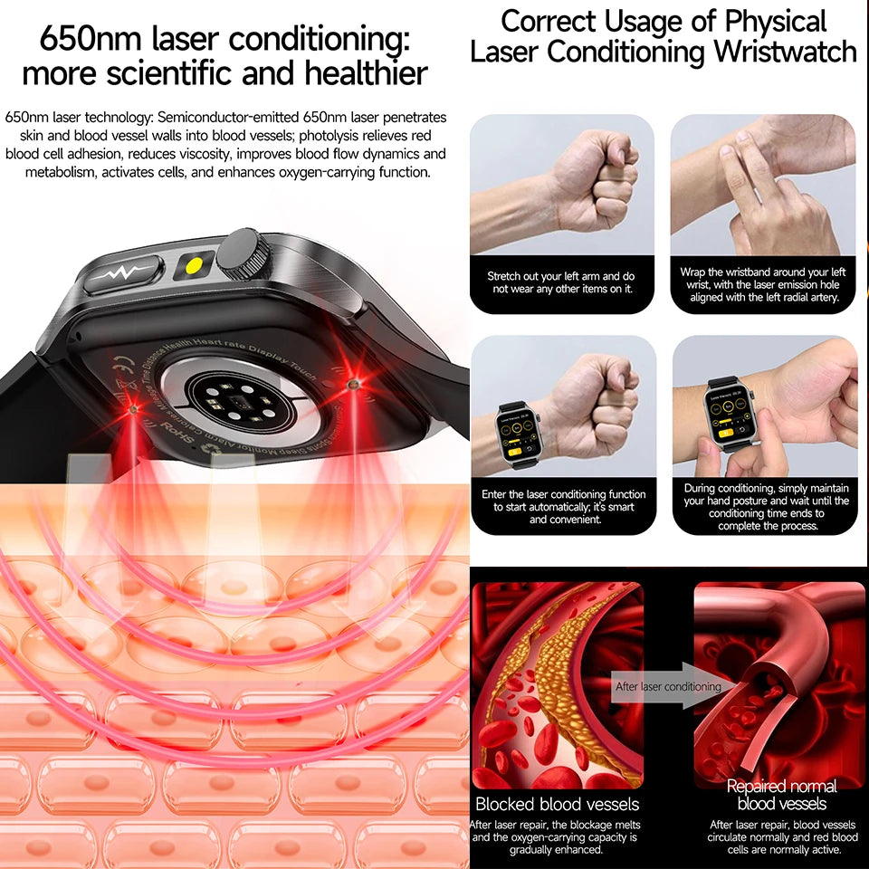 2026 New Non-Invasive Laser Treatment Three High Smart Watch  ECG+PPG Blood Fat Uric Acid Health Diagnosis Smart Watches For Man