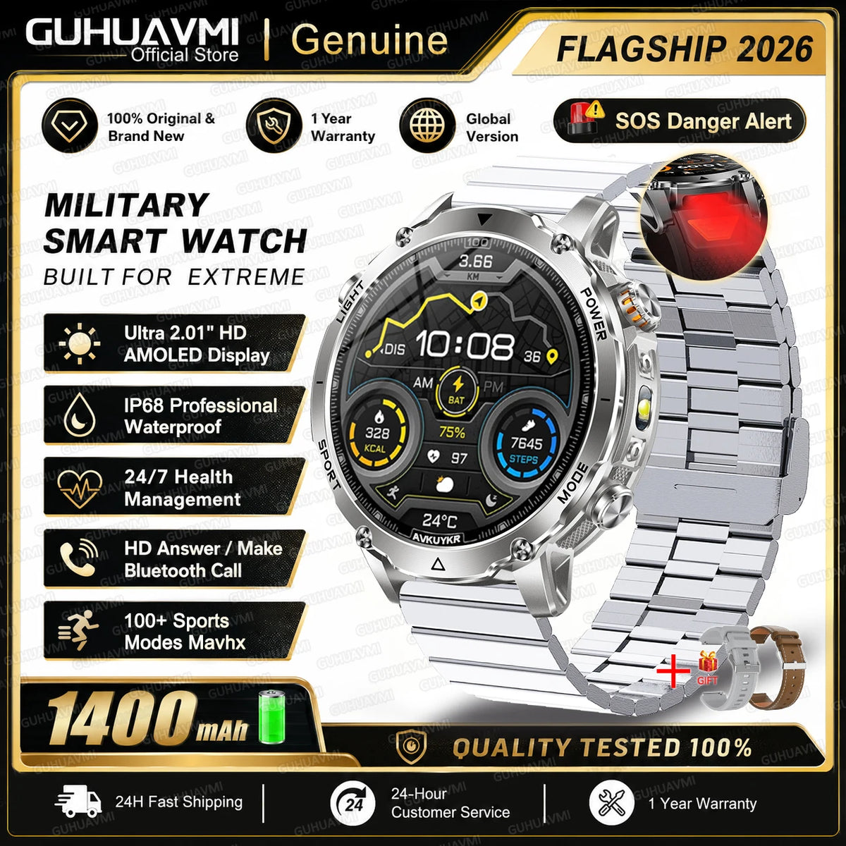 New 1400mAh Ultra Big Battery Smart Watch GPS path Waterproof Swim Sport Run tracker Outdoors Flashlight Military Smartwatch Men