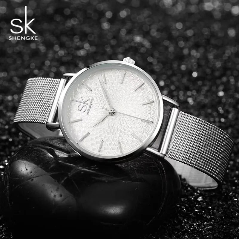 SK Super Slim Sliver Mesh Stainless Steel Ladies Watches Women Top Brand Luxury Casual Clock Waterproof Wristwatch for Women