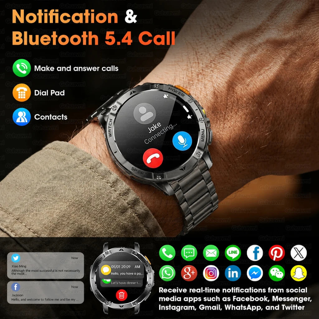 Men Rugged Steel Sport Smart Watch 1400mAh Battery 1.7" HD Bluetooth Call 10ATM Waterproof Heart Rate Fitness Trackr Smartwatch