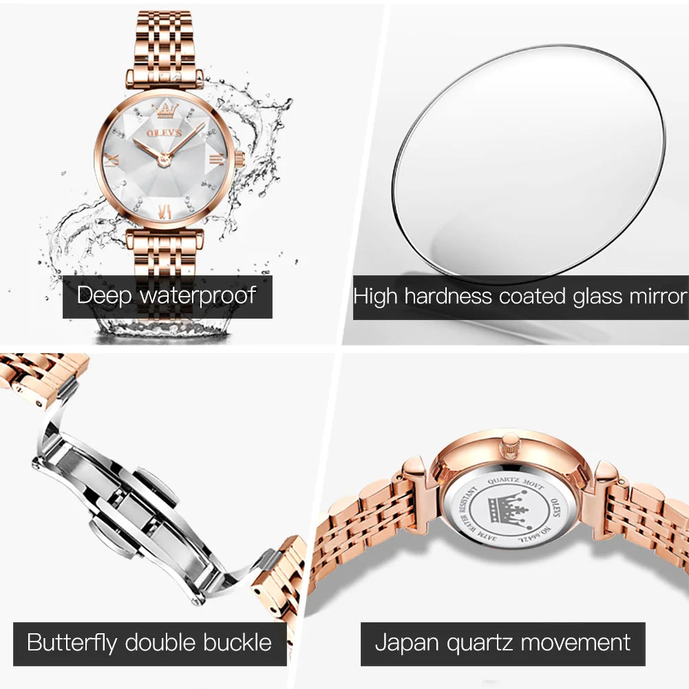 OLEVS Women's Watches Luxury Fashion Fine Steel Rose Gold Strap Rhombus Mirror Original Quartz Wristwatch Waterproof Trend Dress