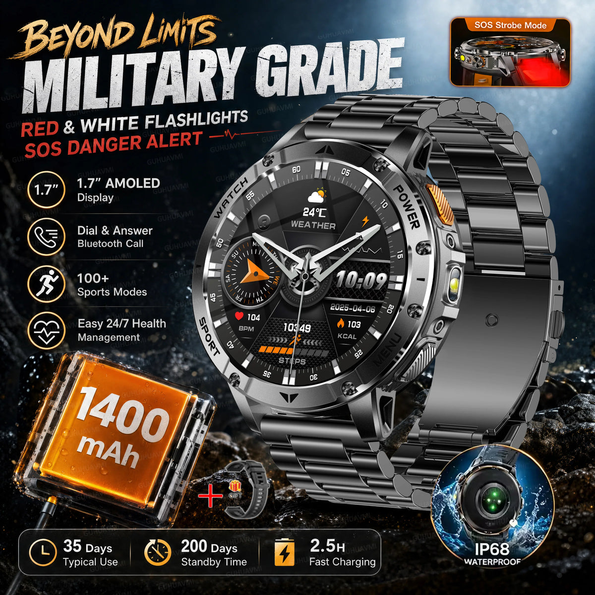 2026 Military Grade Smartwatch Men 1400mAh Ultra Long Battery 24/7 Health Monitor 10ATM Waterproof Outdoor Sport Smart Watches