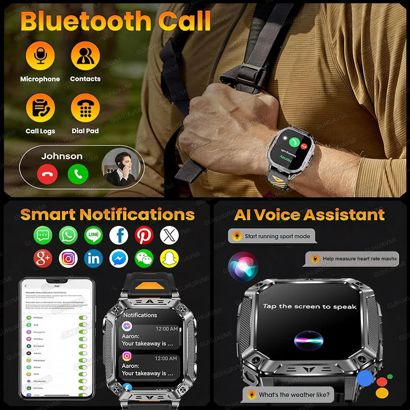 2026 New Built-in 1400mAh Super Large Battery Men Smart Watch Outdoor GPS 2.01"AMOLED Screen 10ATM Waterproof BT Call Smartwatch