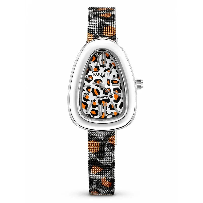 KOUSHI Vintage Leopard Print Dial Women's Quartz Watch Luxury Mesh Band Ladies Wristwatch Fashion Jewelry Gift for Daily Party