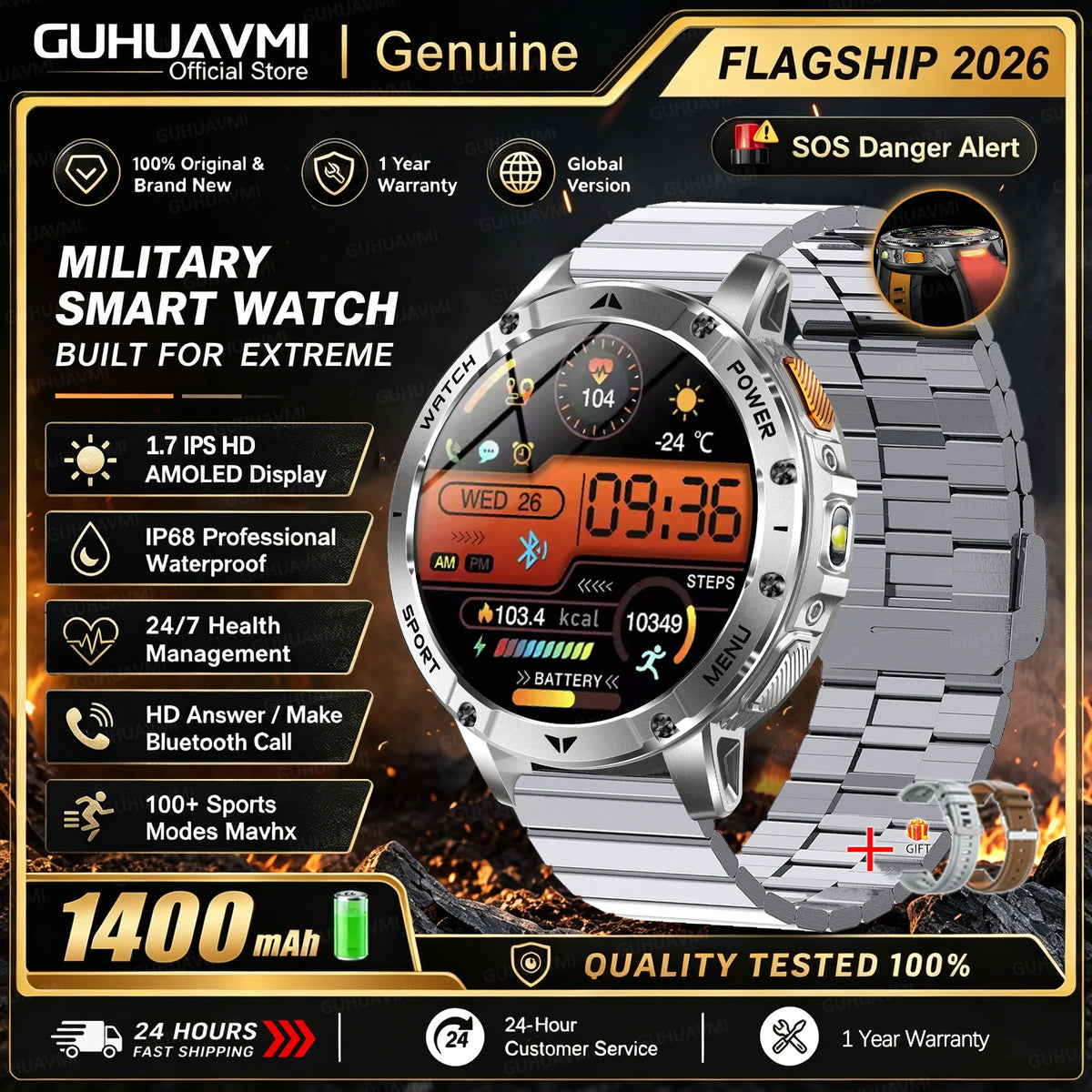 Men Rugged Steel Sport Smart Watch 1400mAh Battery 1.7" HD Bluetooth Call 10ATM Waterproof Heart Rate Fitness Trackr Smartwatch