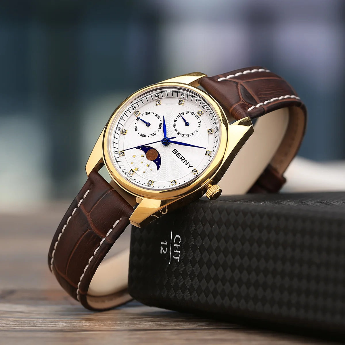 BERNY Couple Quartz Watch Moon Phase Day Top Calendar Men Wristwatch Leather Men/Women Dress Watch MIYOTA 6P20 Gift Watches