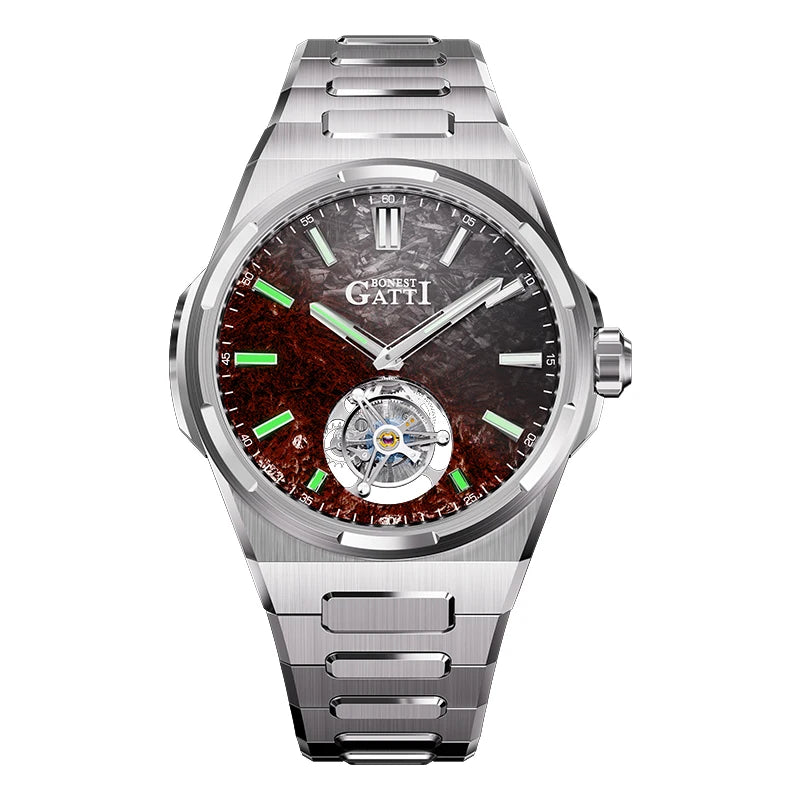 BONEST GATTI Automatic Movement Tourbillon Watch Mens 316L Stainless Steel Skeleton Luminous Dial Mechanical Watches for Men