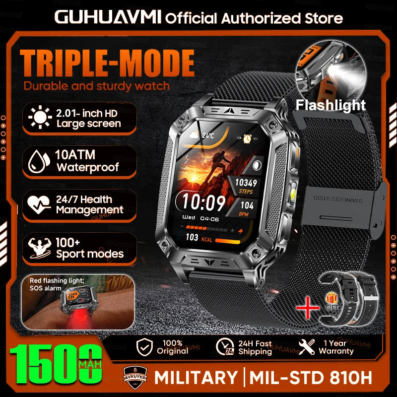 1500mAh Military Grade Smart Watch 100 Days Battery Life 10ATM Waterproof Bluetooth Call SOS Alert LED Flashlight Sports Watches