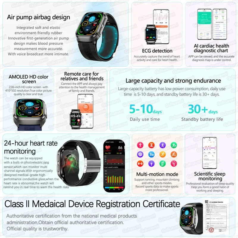 True Blood Pressure Smart Watch Air Pump Airbag Strap ECG PPG SpO2 Heart Rate Sleep Monitor 1.43" AMOLED Health Smart Bracelet