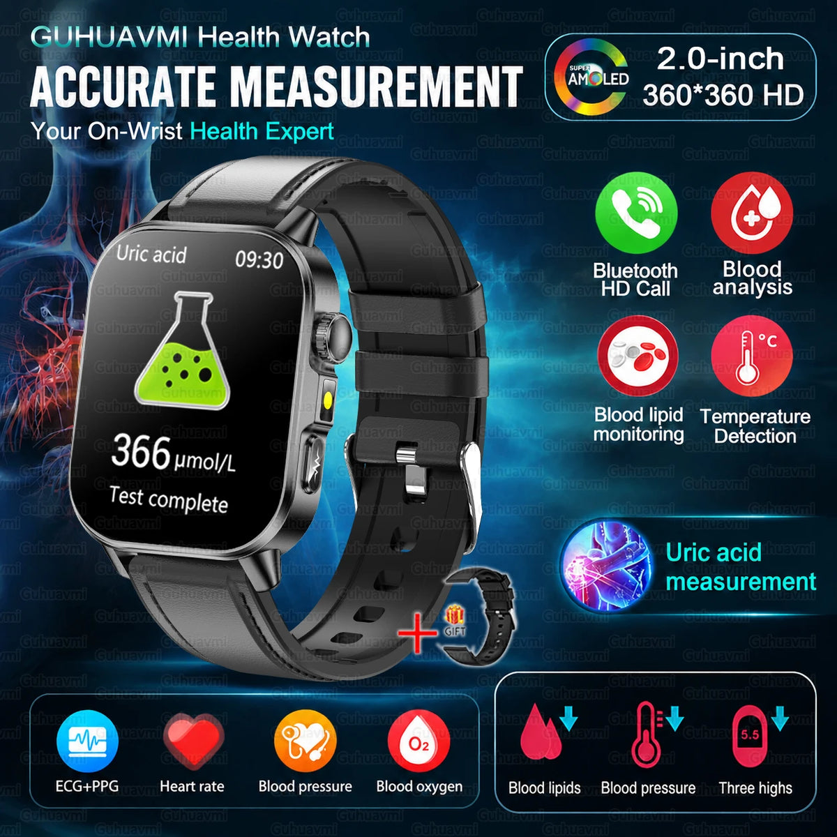 2026 Nursing Grade Smartwatch Men 2.0inch AMOLED ECG Heart Health BP Lipid Uric Acid Monitor Bluetooth Call Outdoor Sports Watch