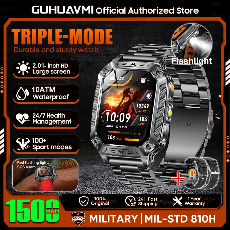 1500mAh Military Grade Smart Watch 100 Days Battery Life 10ATM Waterproof Bluetooth Call SOS Alert LED Flashlight Sports Watches