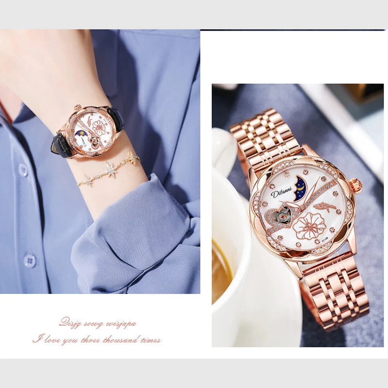 Watches Women Fashion Watch 2023 Automatic Mechanical Rhinestone Skeleton Dial Premium Leather Band Elegant Lady Watch New