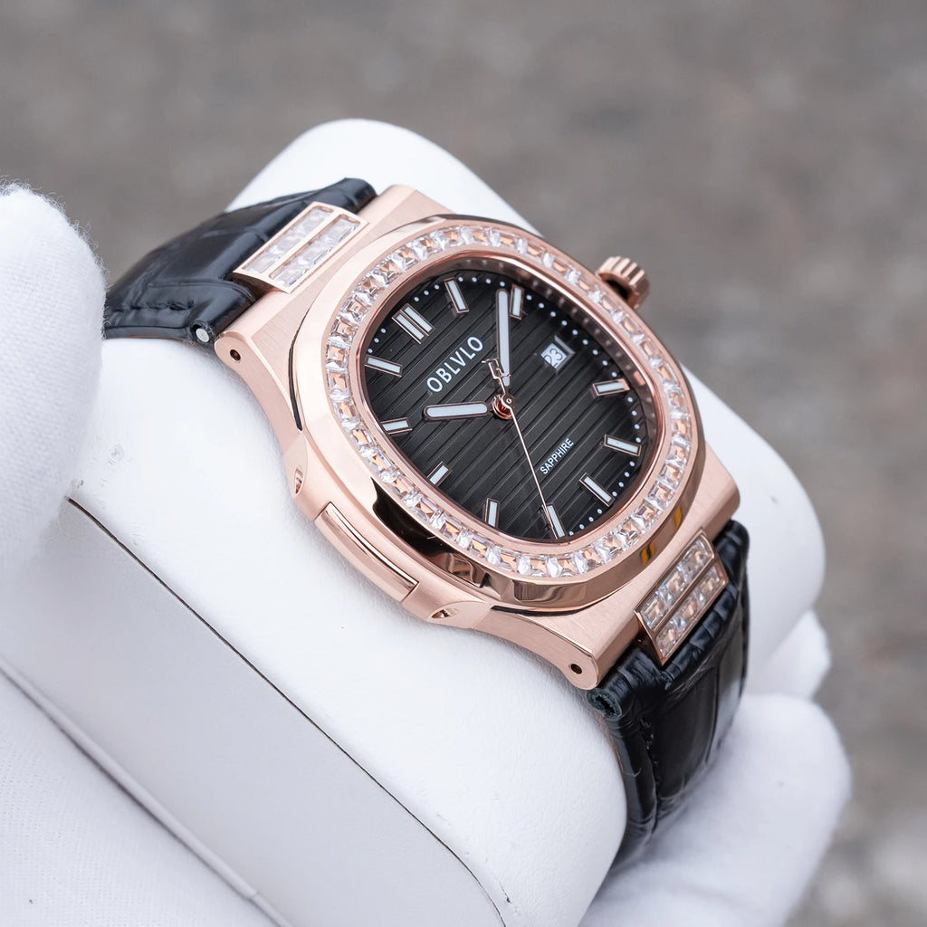 OBLVLO Fashion Men's Watch Rose Gold Case Diamonds Bezel Swiss Quartz Luminous Hands Sapphire Crystal Leather Strap FM-YWL-D