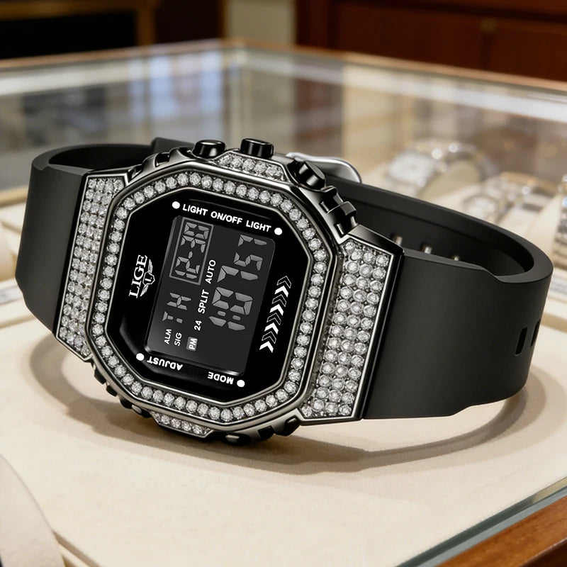 LIGE Fashion Diamond Mens Watch Casual Sports Digital Watches Men Waterproof Chronograph Date LED Wristwatch Luxury Gifts Reloj