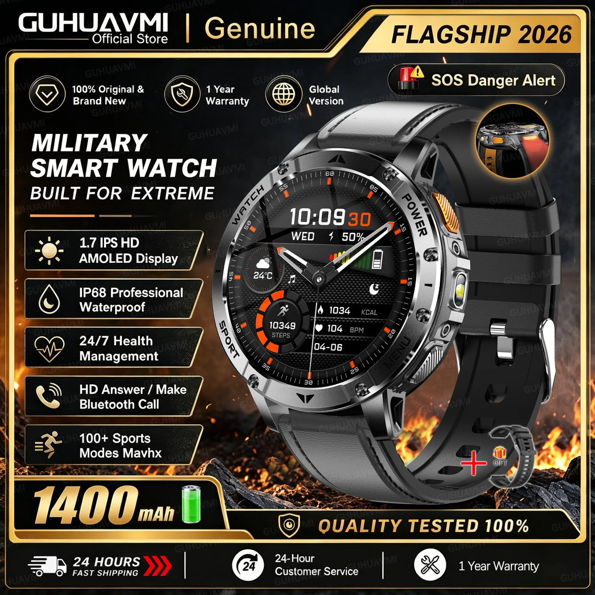 Men Rugged Steel Sport Smart Watch 1400mAh Battery 1.7" HD Bluetooth Call 10ATM Waterproof Heart Rate Fitness Trackr Smartwatch