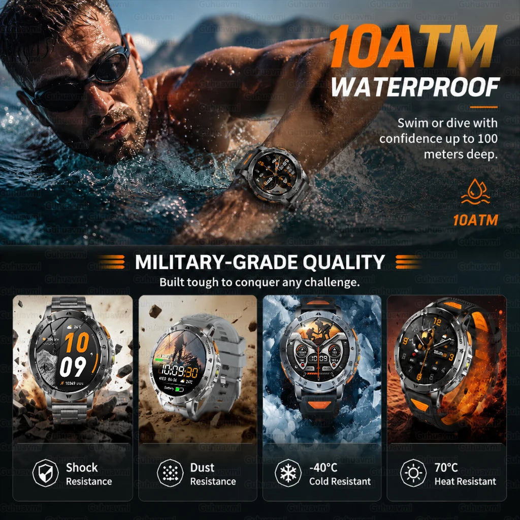 1400mAh Military Smart Watch 10ATM Waterproof 1.7-inch Outdoor Sport Flashlight Heart Rate Monitor Bluetooth Call SmartWatch Men