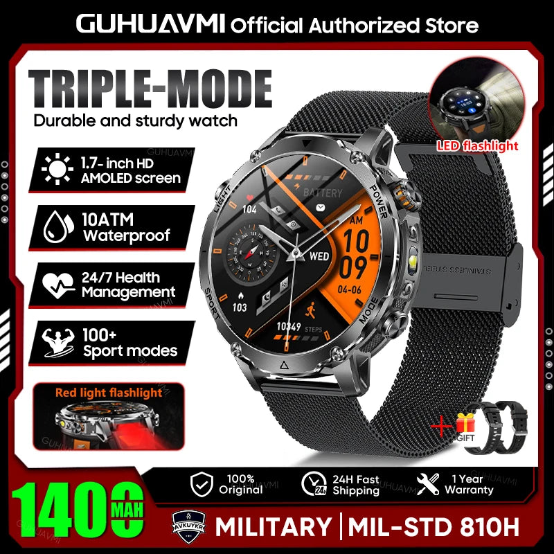 2026 New Military 1400mAh Battery Smart Watch Men Outdoor Flashlight 10ATM Waterproof Heart Rate Bluetooth Call Sports Bracelets