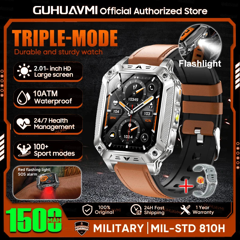 1500mAh Military Grade Smart Watch 100 Days Battery Life 10ATM Waterproof Bluetooth Call SOS Alert LED Flashlight Sports Watches