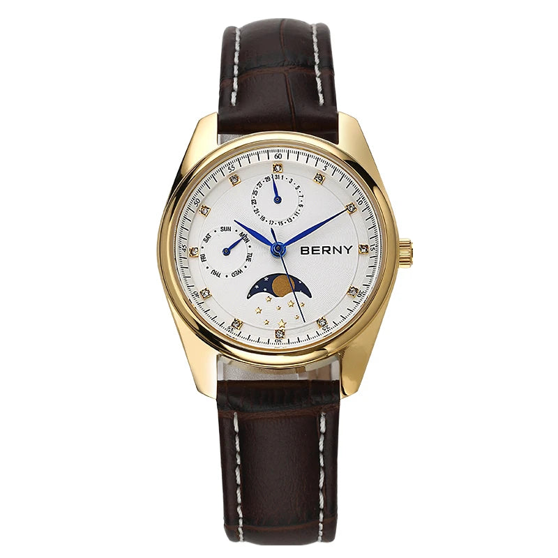 BERNY Couple Quartz Watch Moon Phase Day Top Calendar Men Wristwatch Leather Men/Women Dress Watch MIYOTA 6P20 Gift Watches