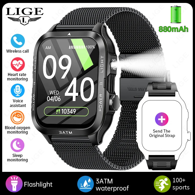 LIGE 2026 New 1.96"HD Screen Smartwatch Men Sports 880mAh Battery Bluetooth Call LED Flashlight 3ATM Waterproof Men Smart Watch